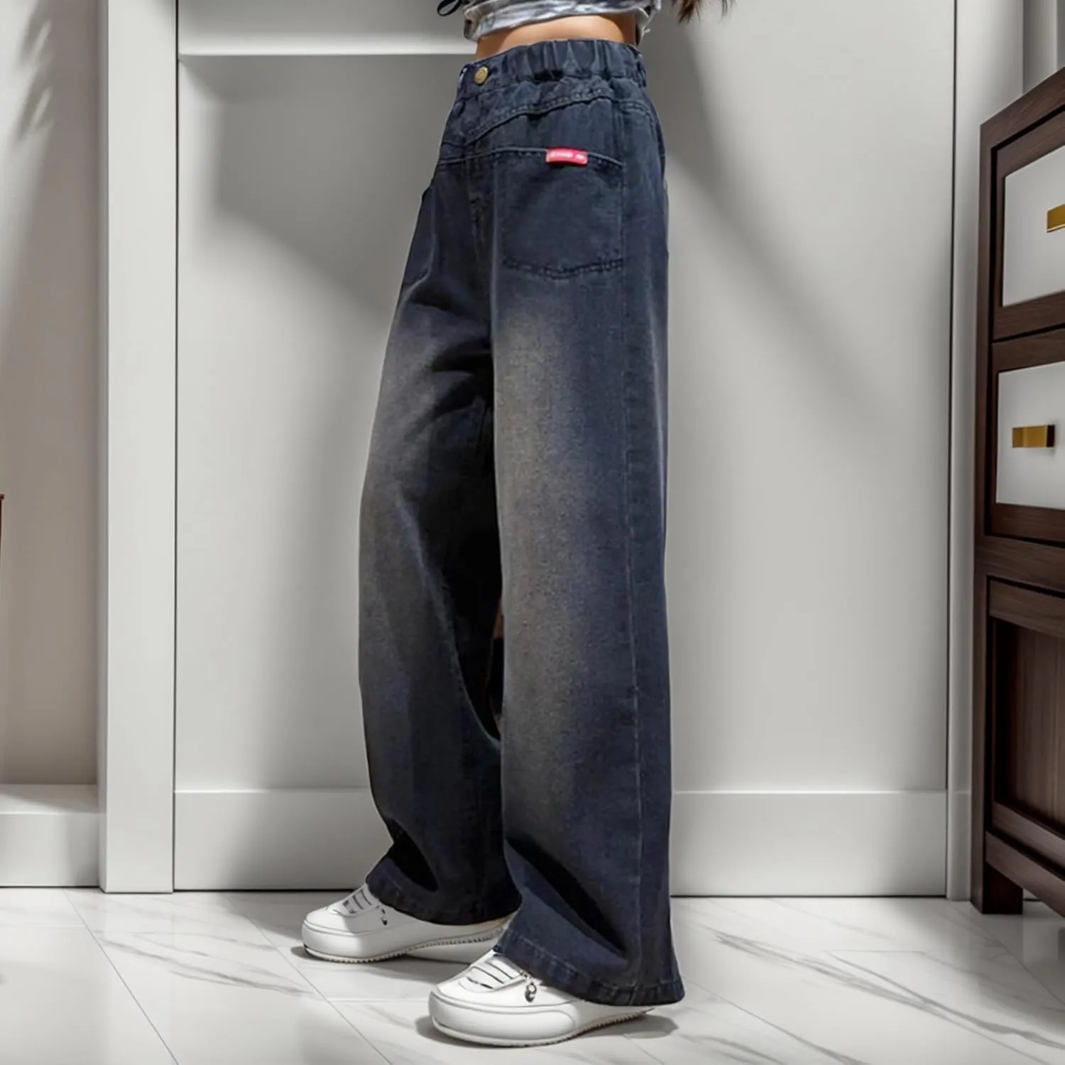 Girls Spring and Autumn Baggy Mop Wide Leg Pants Mid Rise Elastic Band with Pockets Slim Jeans Straight Leg Trousers