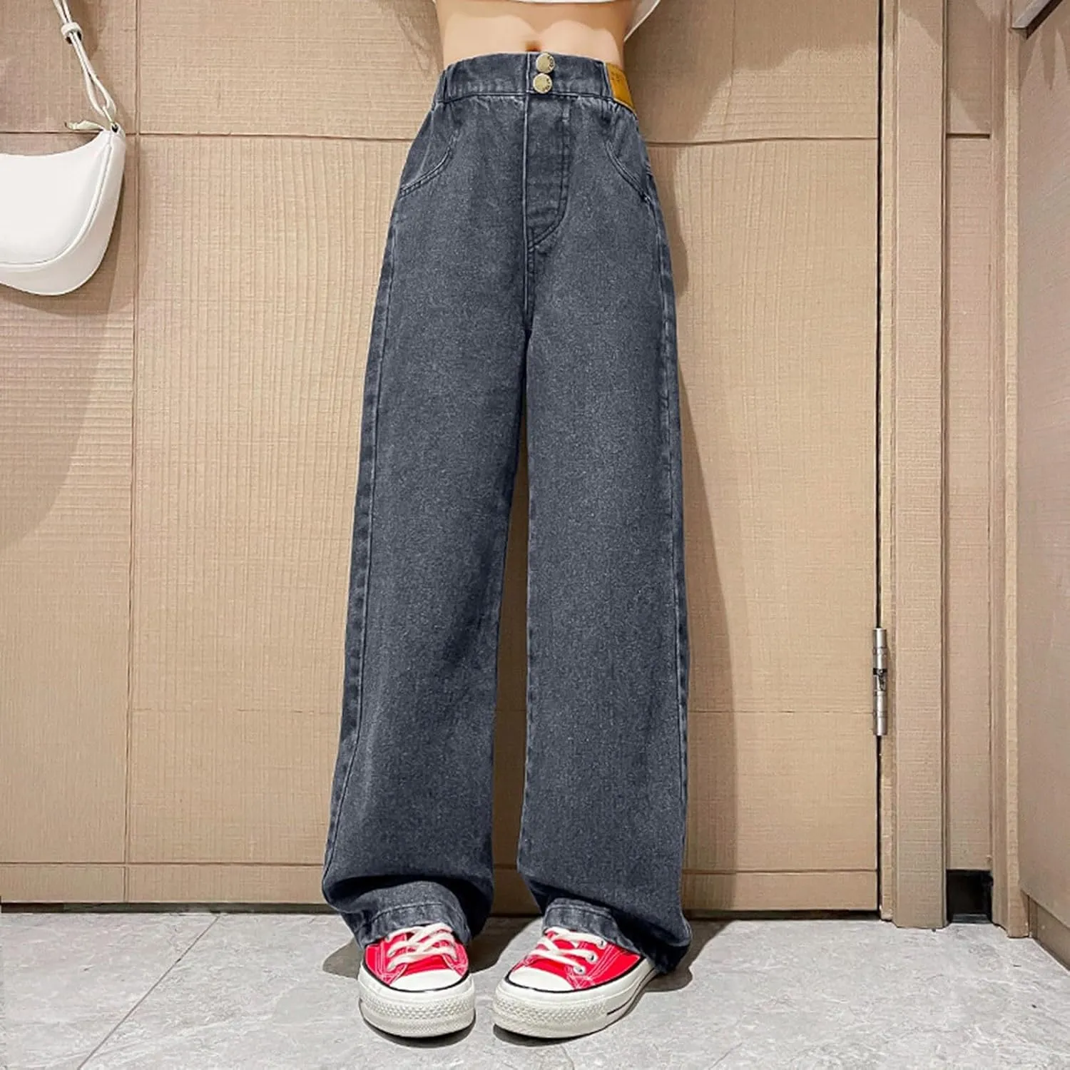 Girls Spring and Autumn Baggy Mop Wide Leg Pants Mid Rise Elastic Band with Pockets Slim Jeans Straight Leg Trousers