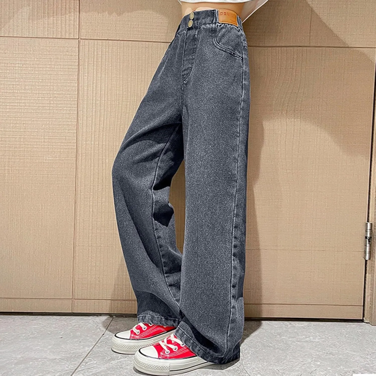 Girls Spring and Autumn Baggy Mop Wide Leg Pants Mid Rise Elastic Band with Pockets Slim Jeans Straight Leg Trousers