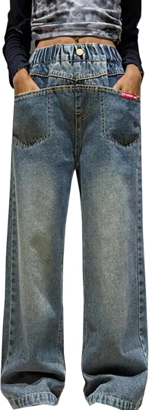 Girls Spring and Autumn Baggy Mop Wide Leg Pants Mid Rise Elastic Band with Pockets Slim Jeans Straight Leg Trousers