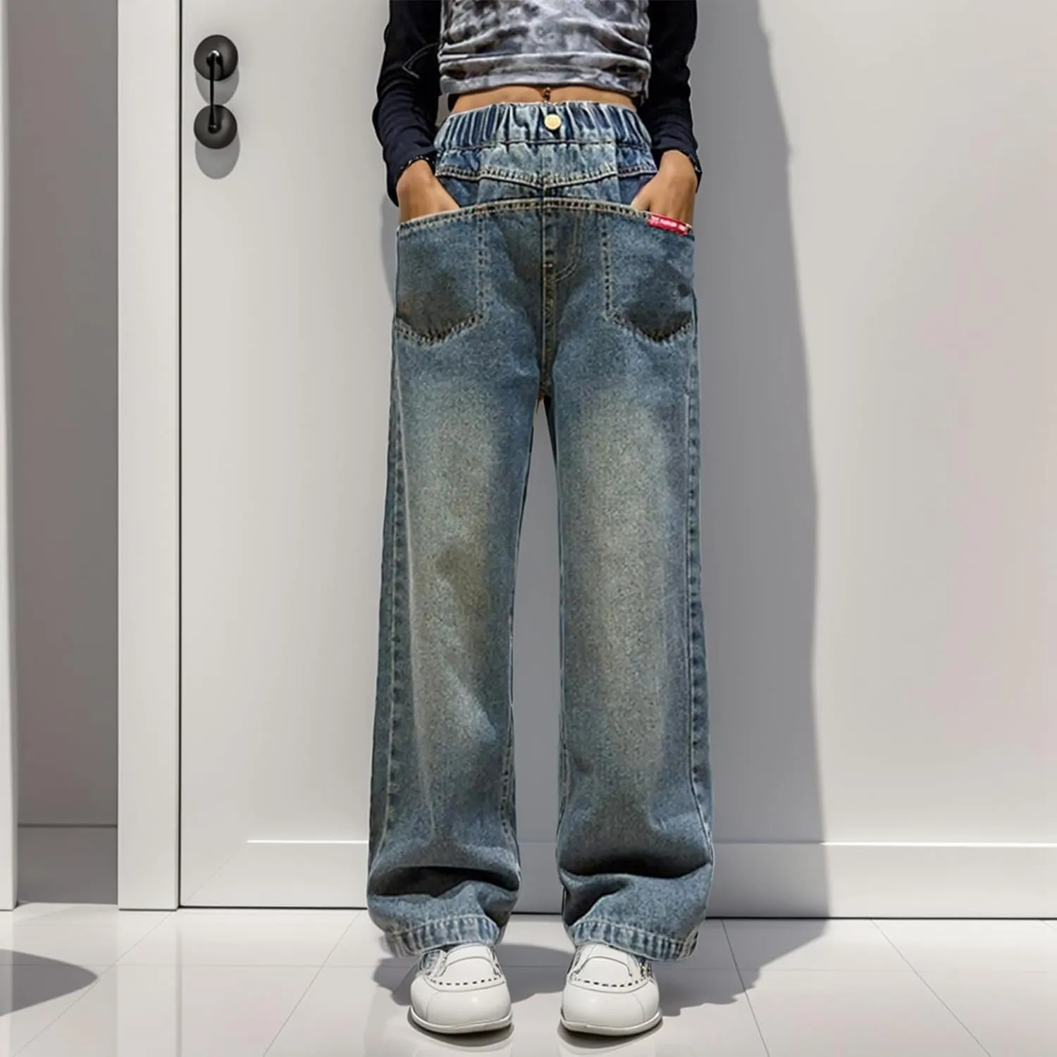 Girls Spring and Autumn Baggy Mop Wide Leg Pants Mid Rise Elastic Band with Pockets Slim Jeans Straight Leg Trousers