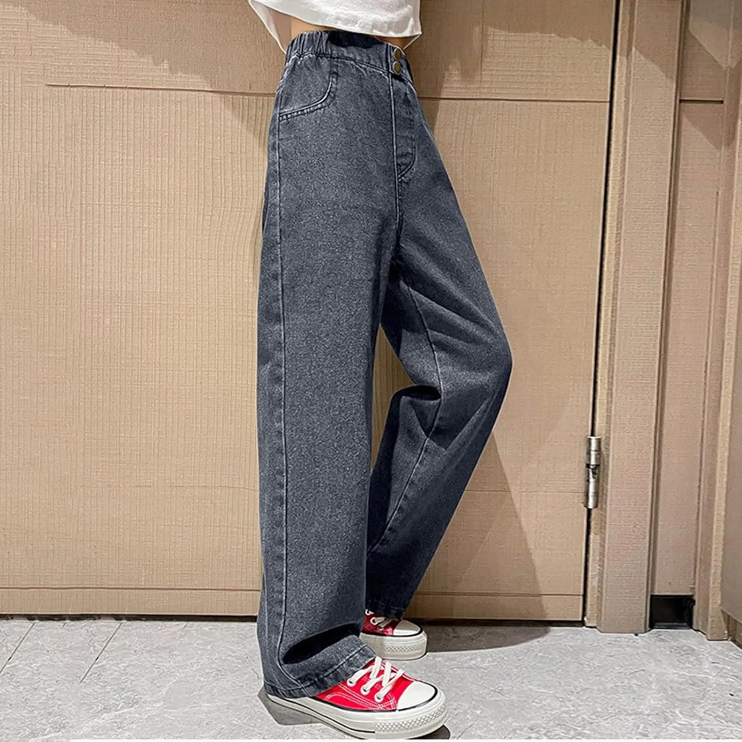 Girls Spring and Autumn Baggy Mop Wide Leg Pants Mid Rise Elastic Band with Pockets Slim Jeans Straight Leg Trousers
