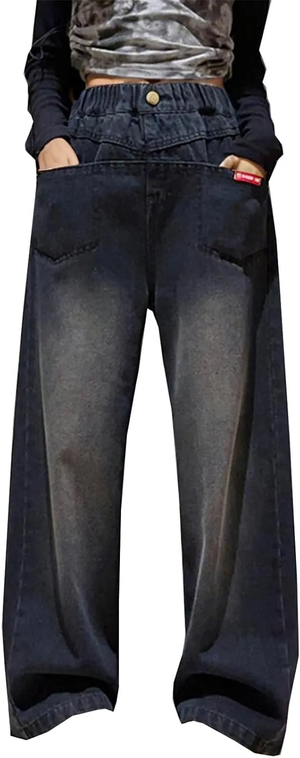 Girls Spring and Autumn Baggy Mop Wide Leg Pants Mid Rise Elastic Band with Pockets Slim Jeans Straight Leg Trousers