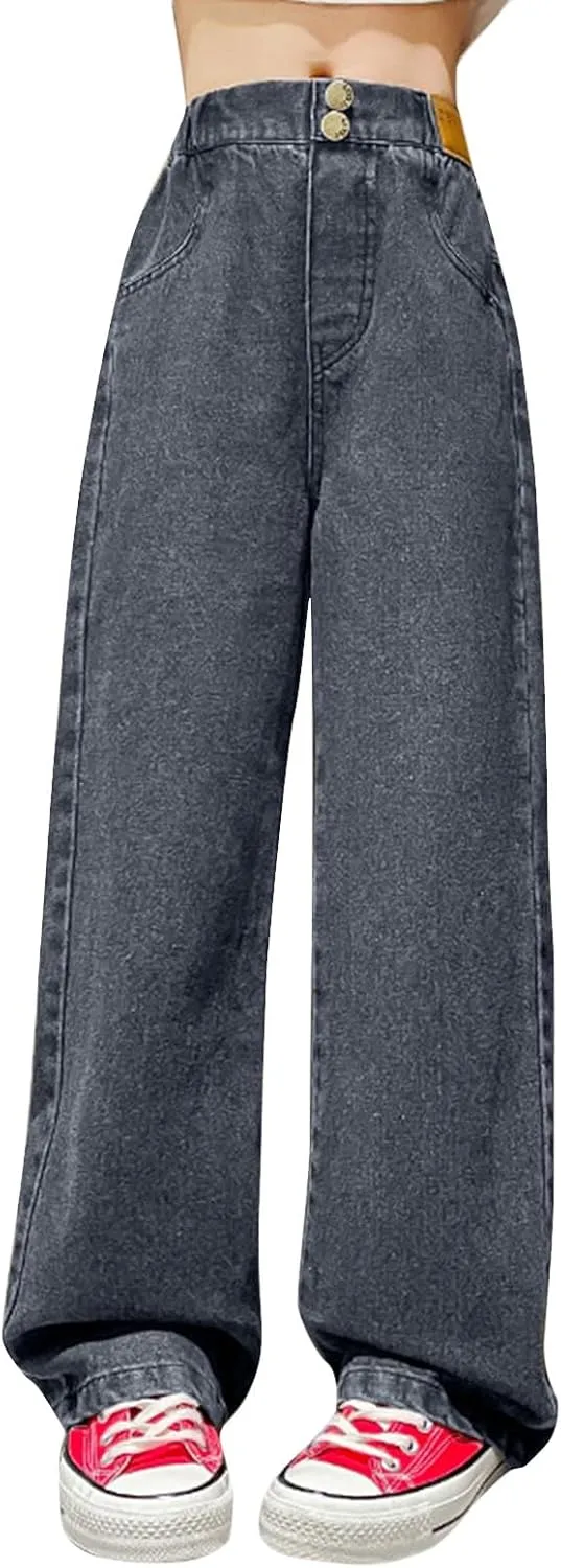 Girls Spring and Autumn Baggy Mop Wide Leg Pants Mid Rise Elastic Band with Pockets Slim Jeans Straight Leg Trousers