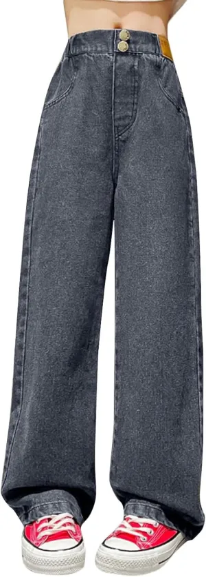 Girls Spring and Autumn Baggy Mop Wide Leg Pants Mid Rise Elastic Band with Pockets Slim Jeans Straight Leg Trousers