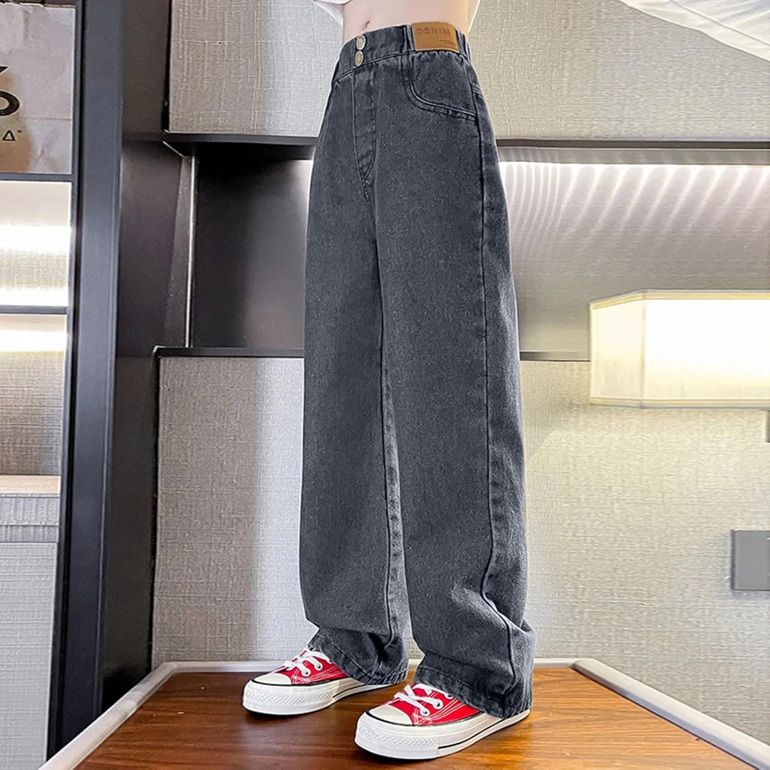 Girls Spring and Autumn Baggy Mop Wide Leg Pants Mid Rise Elastic Band with Pockets Slim Jeans Straight Leg Trousers