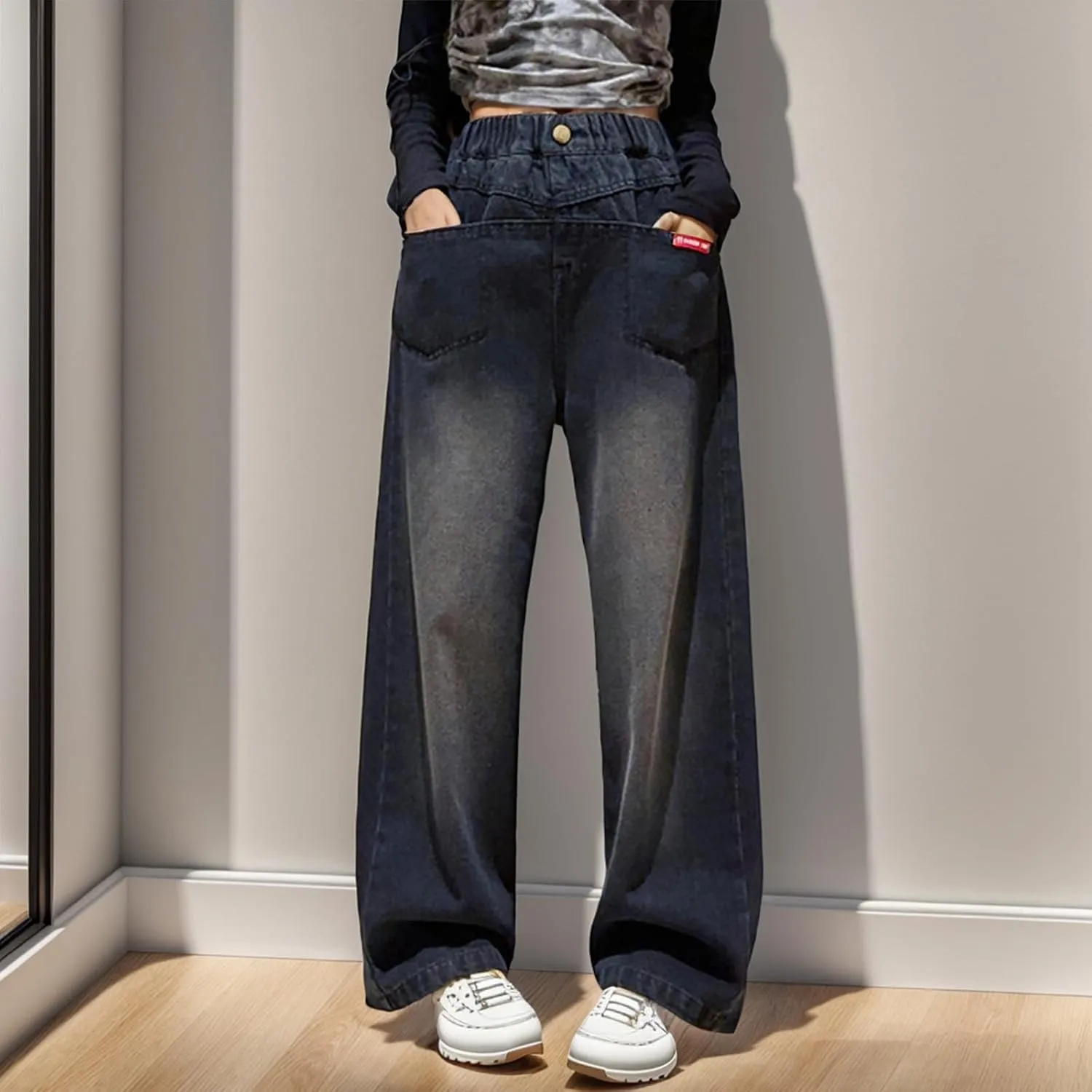 Girls Spring and Autumn Baggy Mop Wide Leg Pants Mid Rise Elastic Band with Pockets Slim Jeans Straight Leg Trousers