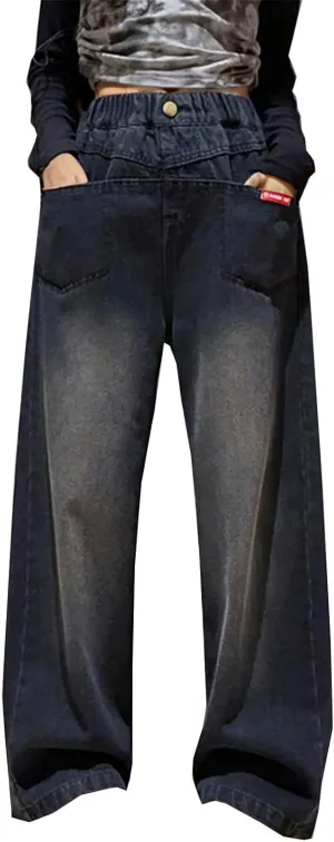 Girls Spring and Autumn Baggy Mop Wide Leg Pants Mid Rise Elastic Band with Pockets Slim Jeans Straight Leg Trousers
