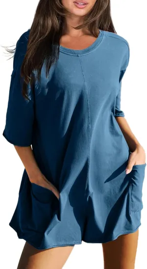 Glamaker Women's Summer Oversized Tee Romper Casual Workout Athletic Romper Onesie Backless Loose Shorts Jumpsuit Overalls