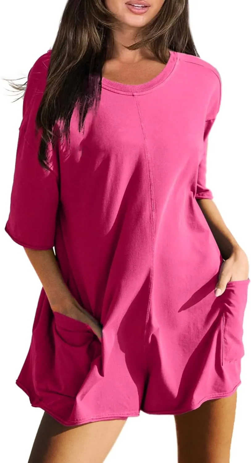 Glamaker Women's Summer Oversized Tee Romper Casual Workout Athletic Romper Onesie Backless Loose Shorts Jumpsuit Overalls