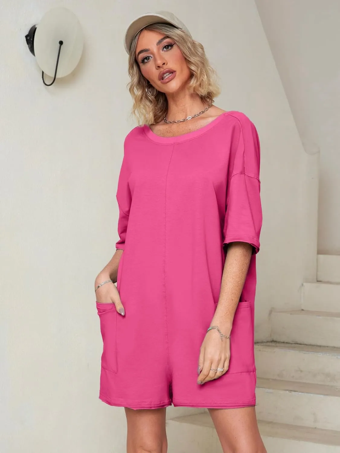 Glamaker Women's Summer Oversized Tee Romper Casual Workout Athletic Romper Onesie Backless Loose Shorts Jumpsuit Overalls