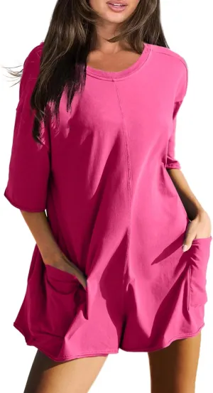 Glamaker Women's Summer Oversized Tee Romper Casual Workout Athletic Romper Onesie Backless Loose Shorts Jumpsuit Overalls