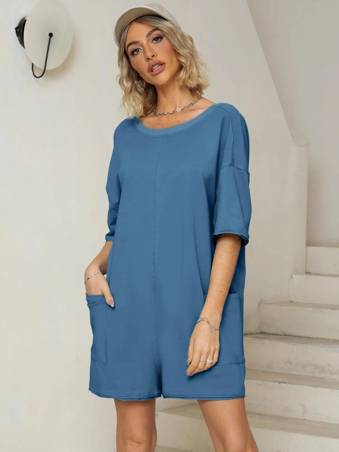 Glamaker Women's Summer Oversized Tee Romper Casual Workout Athletic Romper Onesie Backless Loose Shorts Jumpsuit Overalls