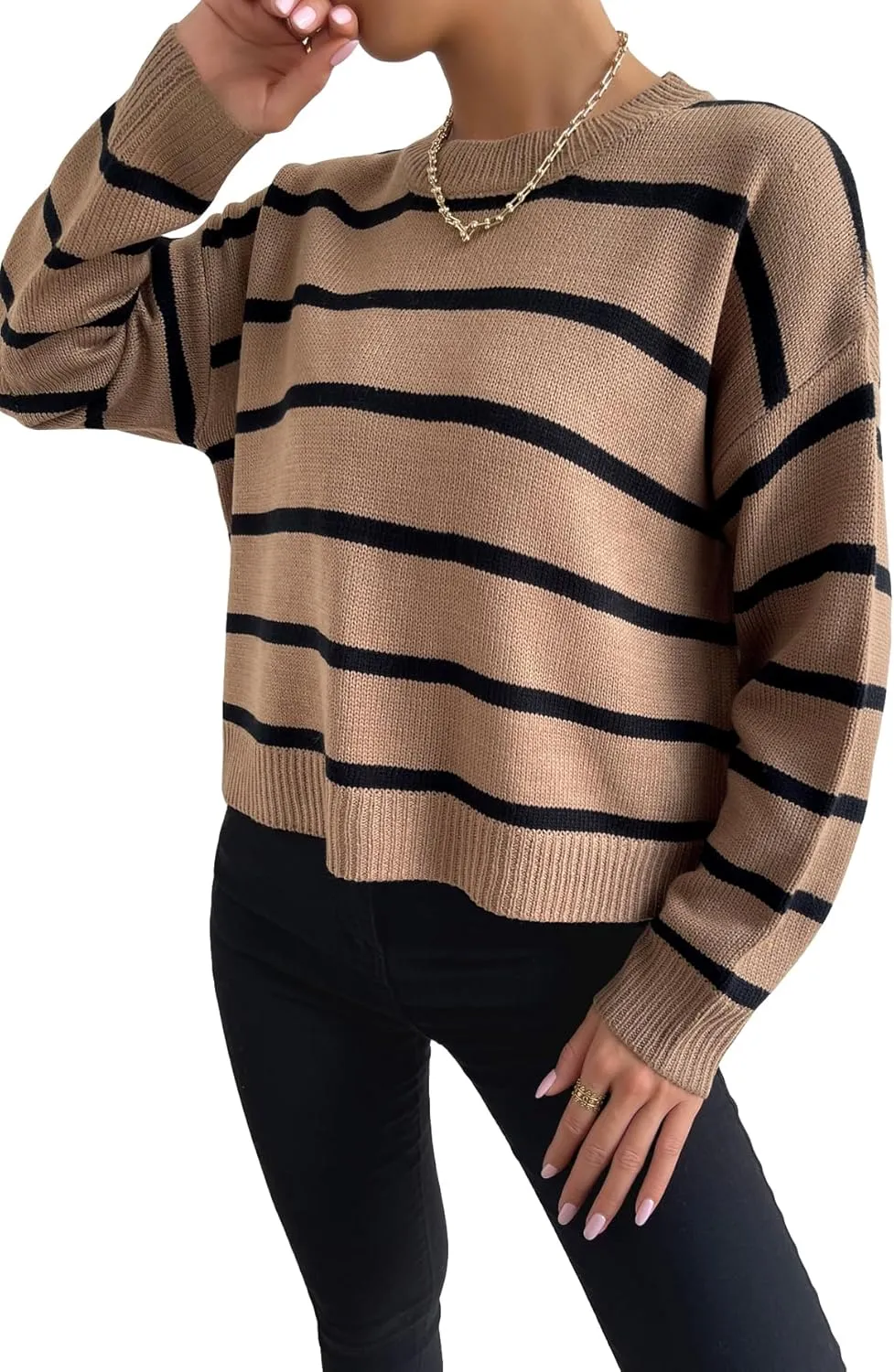 GORGLITTER Women's Striped Drop Shoulder Sweater Oversized Crew Neck Knit Sweaters Pullover Top