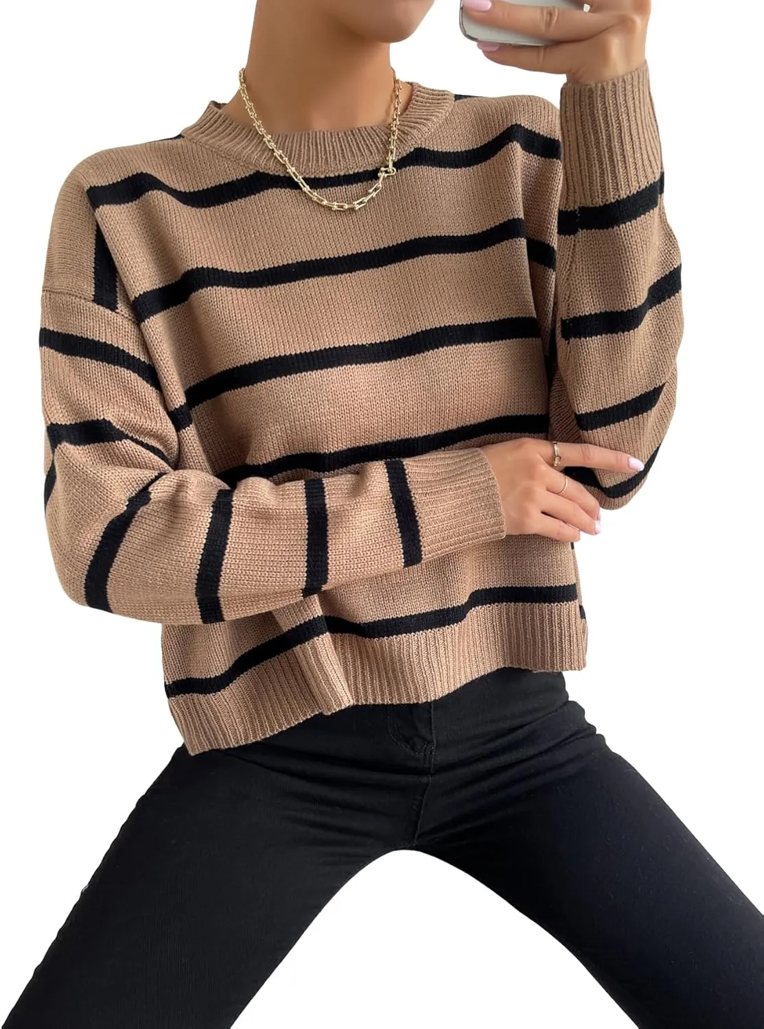 GORGLITTER Women's Striped Drop Shoulder Sweater Oversized Crew Neck Knit Sweaters Pullover Top