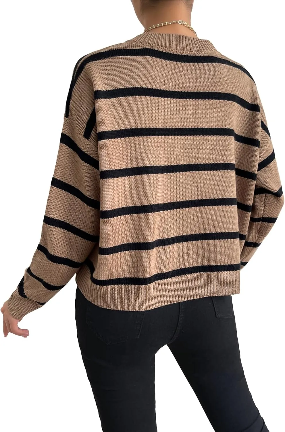 GORGLITTER Women's Striped Drop Shoulder Sweater Oversized Crew Neck Knit Sweaters Pullover Top