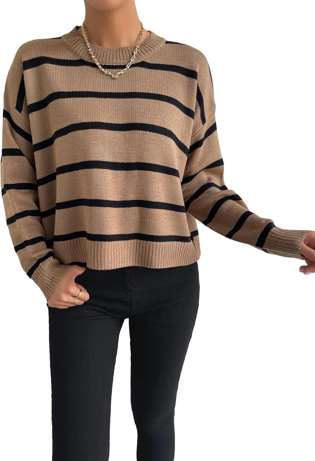 GORGLITTER Women's Striped Drop Shoulder Sweater Oversized Crew Neck Knit Sweaters Pullover Top