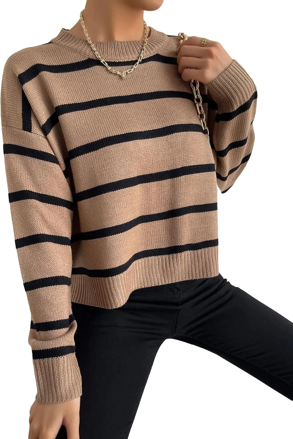 GORGLITTER Women's Striped Drop Shoulder Sweater Oversized Crew Neck Knit Sweaters Pullover Top