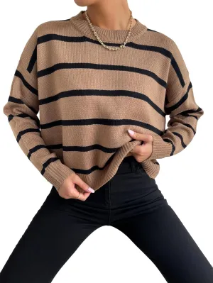 GORGLITTER Women's Striped Drop Shoulder Sweater Oversized Crew Neck Knit Sweaters Pullover Top