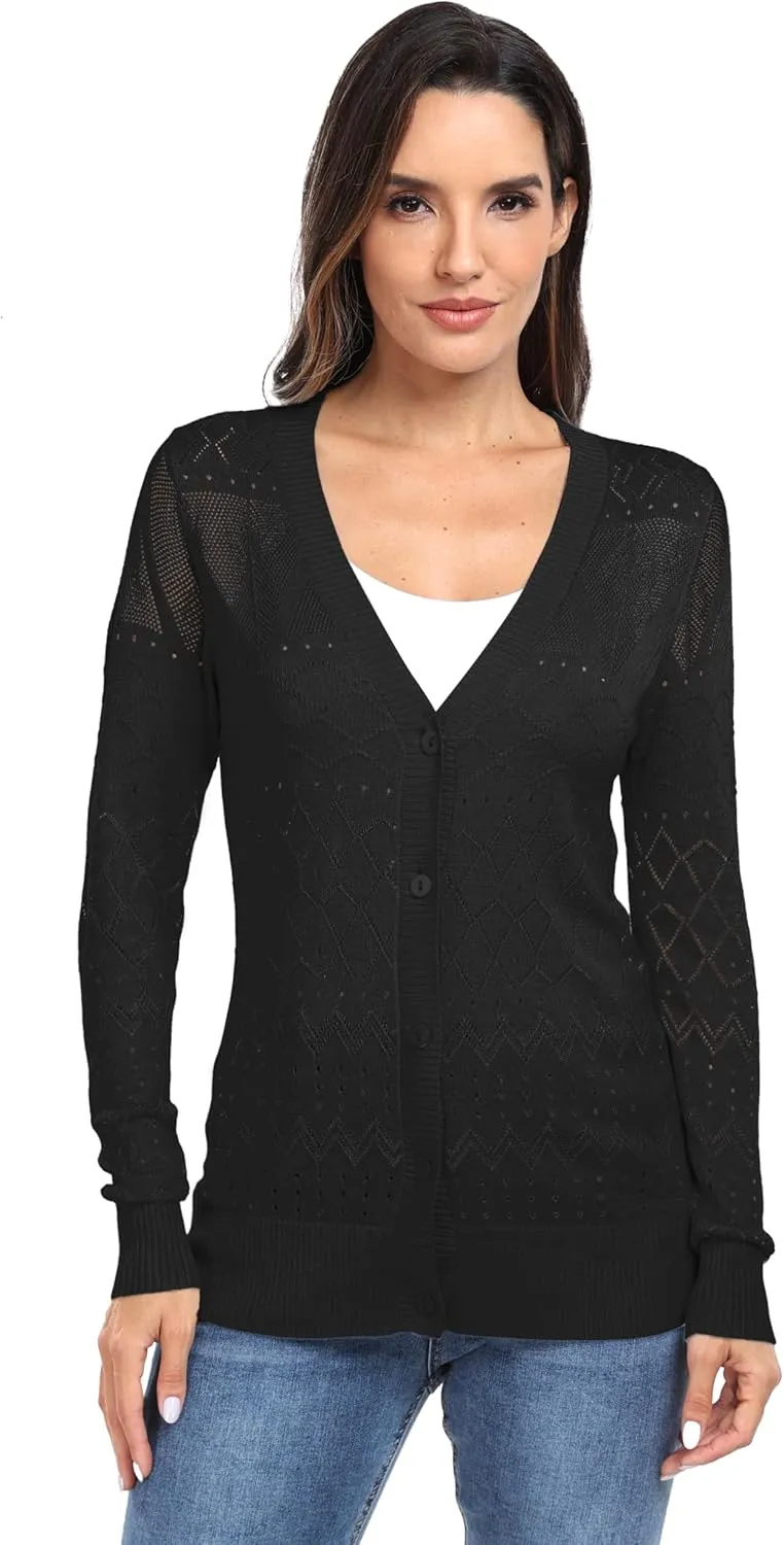 GRECERELLE Womens Summer Crochet Cardigans Long Sleeve Lightweight Casual Knit Sweaters