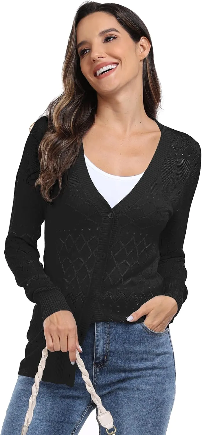 GRECERELLE Womens Summer Crochet Cardigans Long Sleeve Lightweight Casual Knit Sweaters