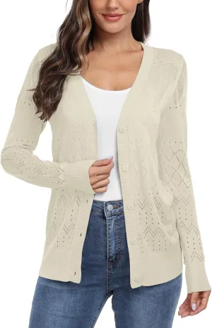 GRECERELLE Womens Summer Crochet Cardigans Long Sleeve Lightweight Casual Knit Sweaters