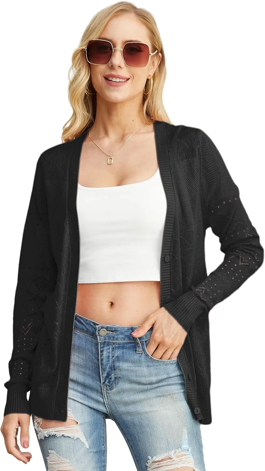 GRECERELLE Womens Summer Crochet Cardigans Long Sleeve Lightweight Casual Knit Sweaters