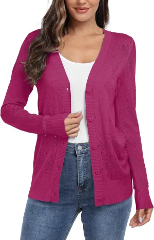 GRECERELLE Womens Summer Crochet Cardigans Long Sleeve Lightweight Casual Knit Sweaters