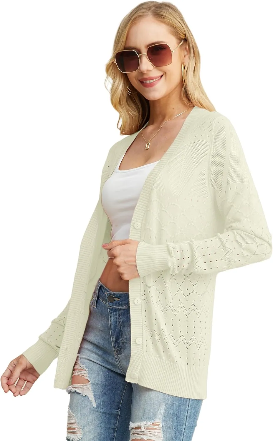 GRECERELLE Womens Summer Crochet Cardigans Long Sleeve Lightweight Casual Knit Sweaters