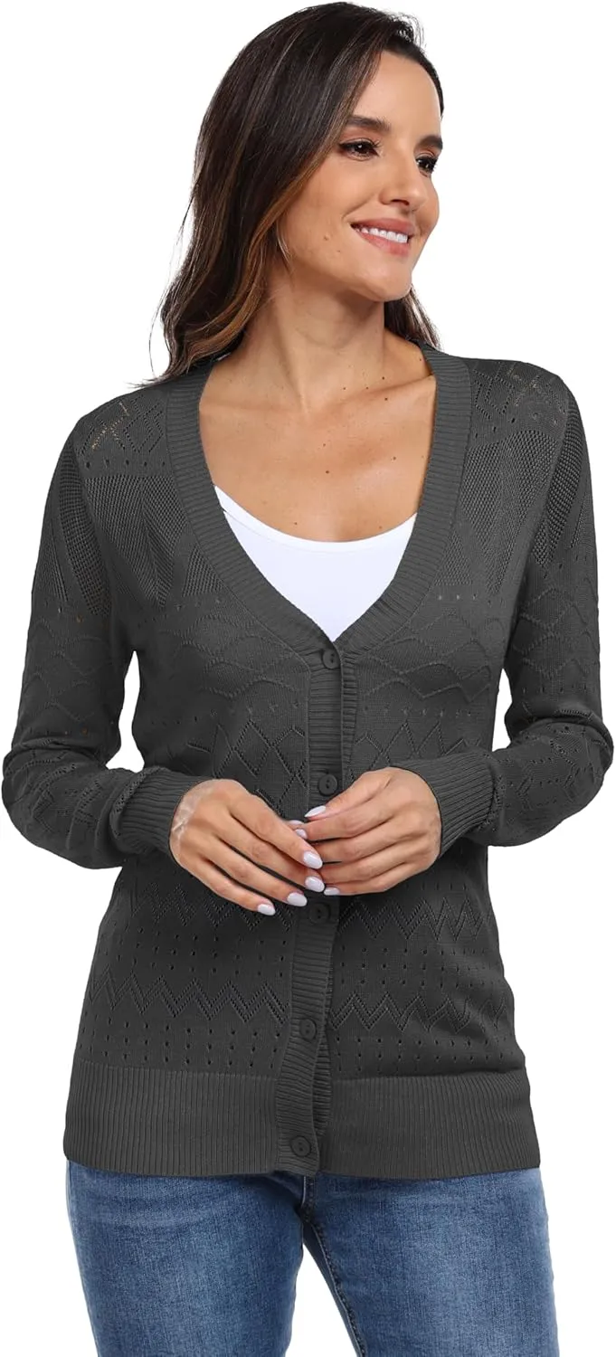 GRECERELLE Womens Summer Crochet Cardigans Long Sleeve Lightweight Casual Knit Sweaters