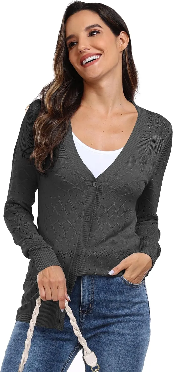 GRECERELLE Womens Summer Crochet Cardigans Long Sleeve Lightweight Casual Knit Sweaters