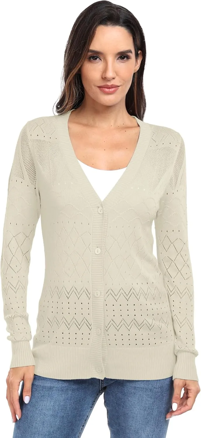 GRECERELLE Womens Summer Crochet Cardigans Long Sleeve Lightweight Casual Knit Sweaters