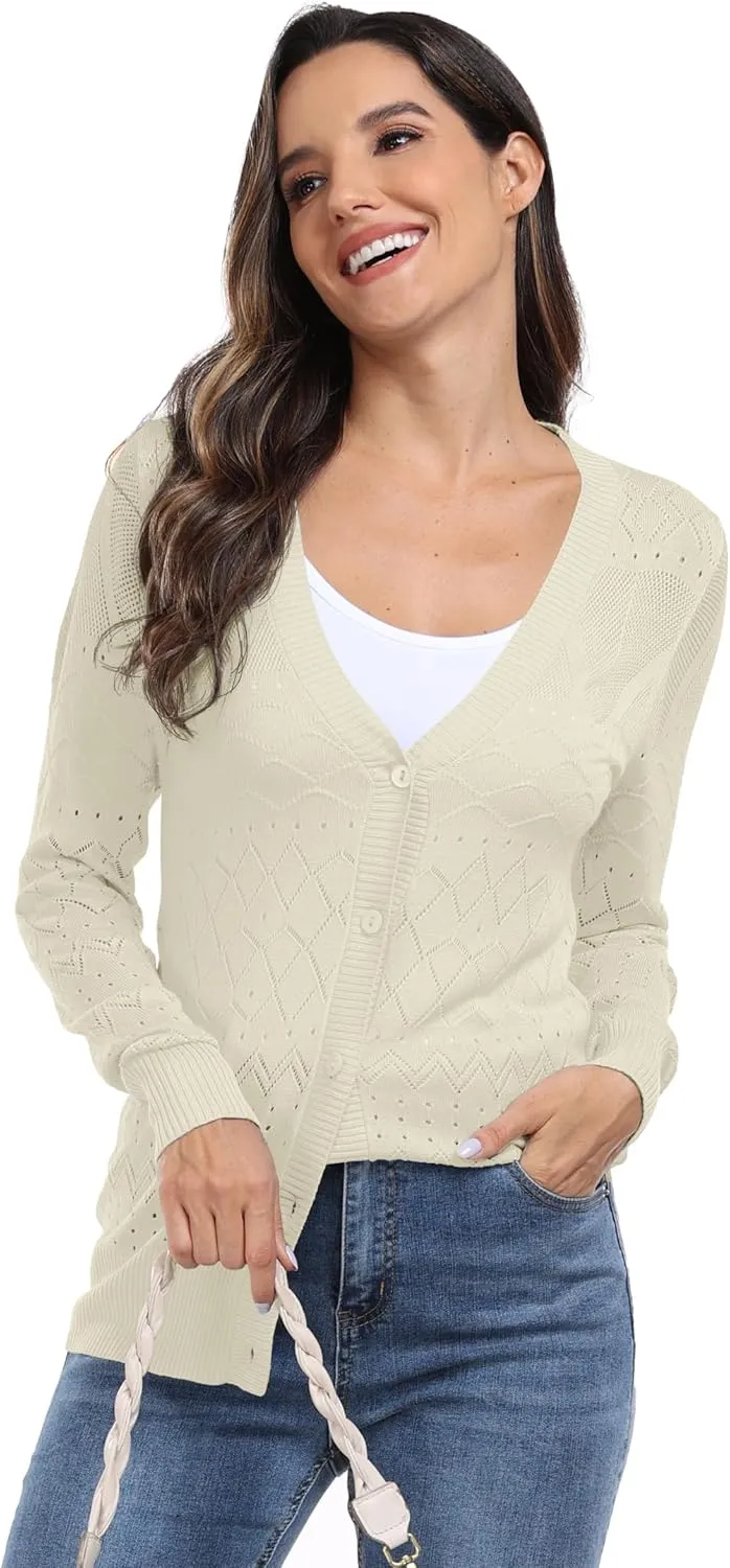 GRECERELLE Womens Summer Crochet Cardigans Long Sleeve Lightweight Casual Knit Sweaters