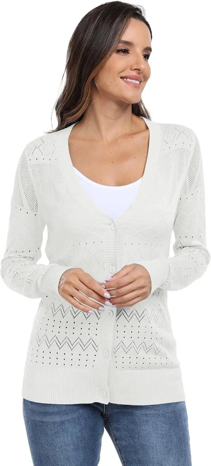 GRECERELLE Womens Summer Crochet Cardigans Long Sleeve Lightweight Casual Knit Sweaters