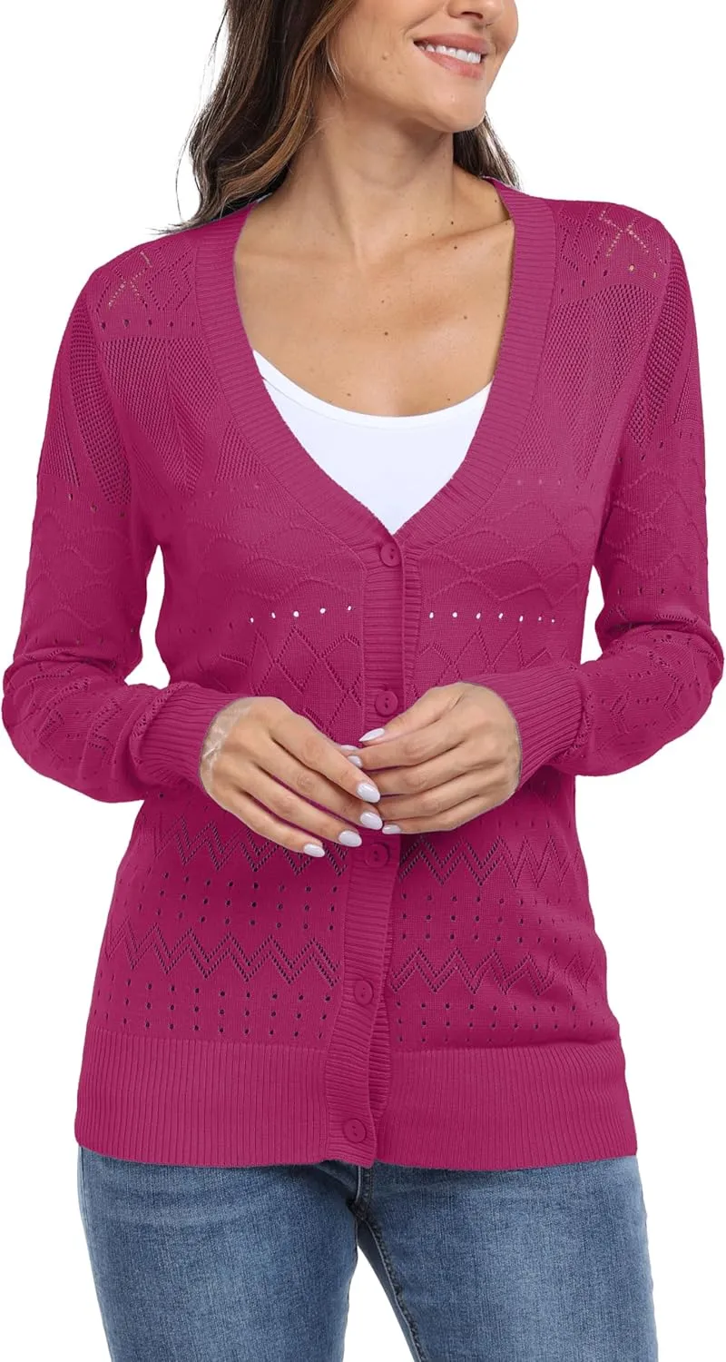 GRECERELLE Womens Summer Crochet Cardigans Long Sleeve Lightweight Casual Knit Sweaters