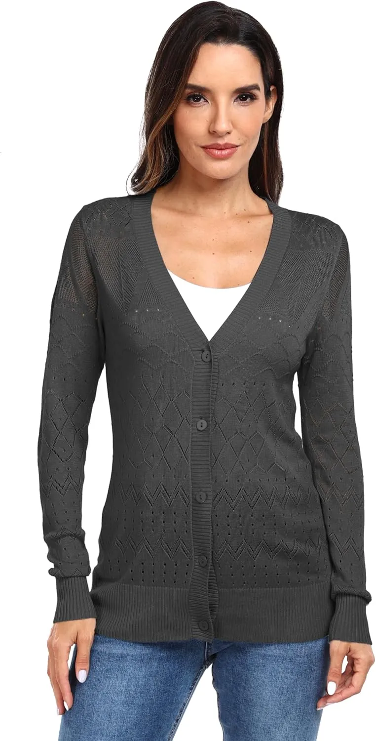 GRECERELLE Womens Summer Crochet Cardigans Long Sleeve Lightweight Casual Knit Sweaters