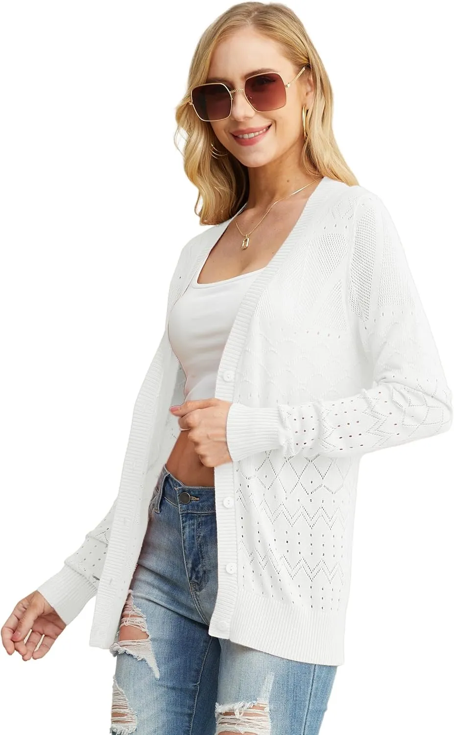 GRECERELLE Womens Summer Crochet Cardigans Long Sleeve Lightweight Casual Knit Sweaters