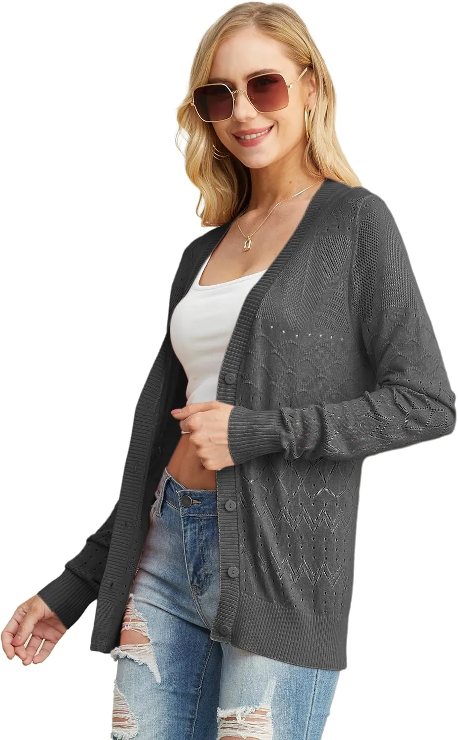 GRECERELLE Womens Summer Crochet Cardigans Long Sleeve Lightweight Casual Knit Sweaters