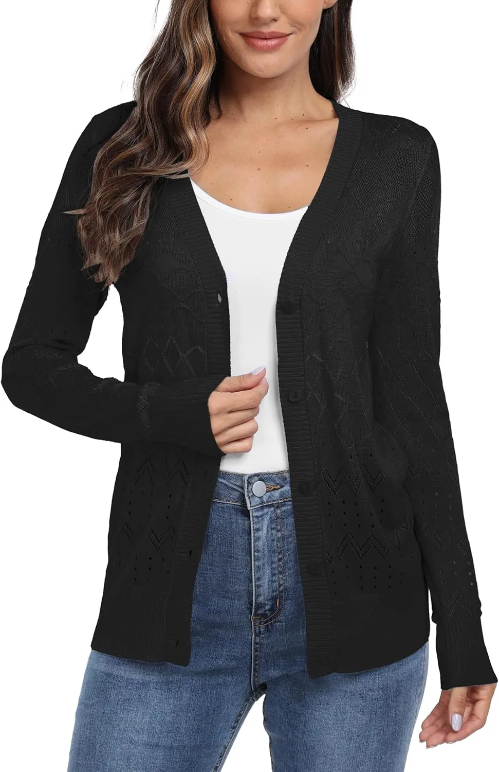 GRECERELLE Womens Summer Crochet Cardigans Long Sleeve Lightweight Casual Knit Sweaters