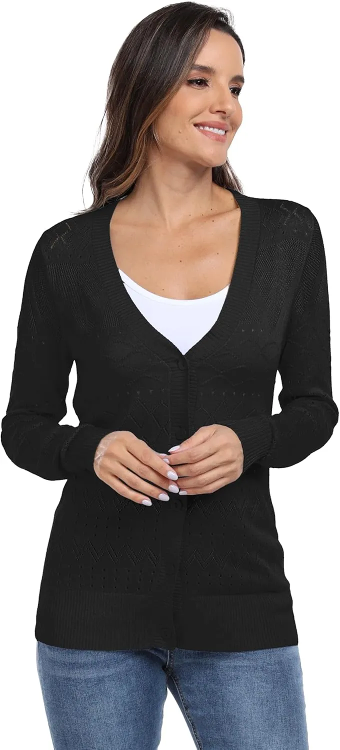 GRECERELLE Womens Summer Crochet Cardigans Long Sleeve Lightweight Casual Knit Sweaters