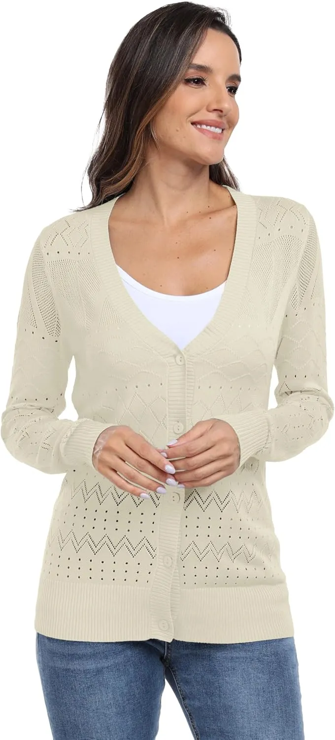 GRECERELLE Womens Summer Crochet Cardigans Long Sleeve Lightweight Casual Knit Sweaters