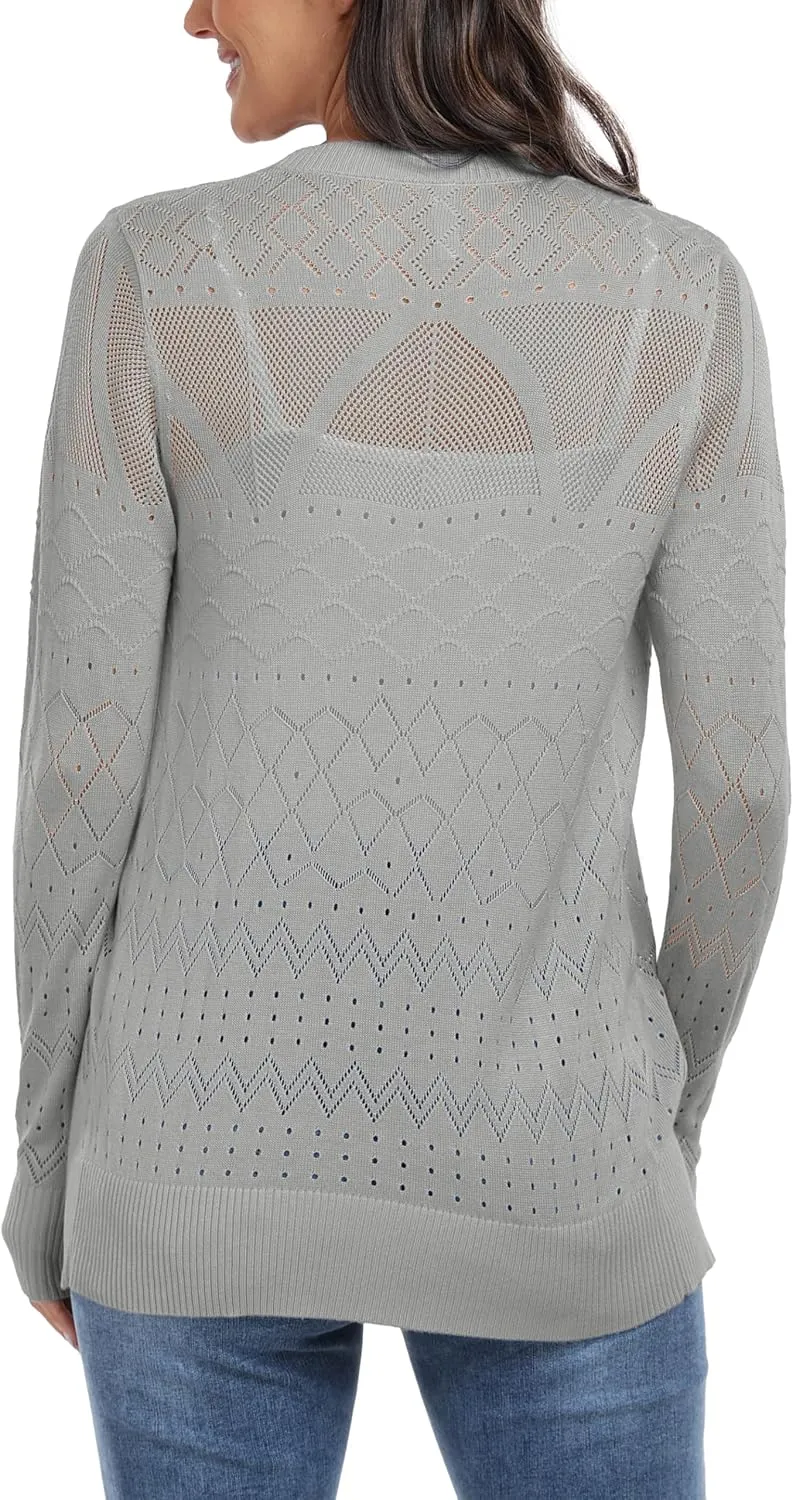 GRECERELLE Womens Summer Crochet Cardigans Long Sleeve Lightweight Casual Knit Sweaters