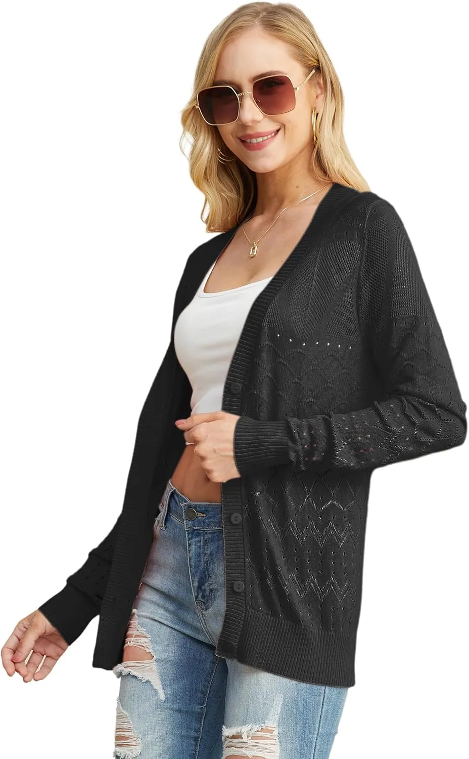 GRECERELLE Womens Summer Crochet Cardigans Long Sleeve Lightweight Casual Knit Sweaters