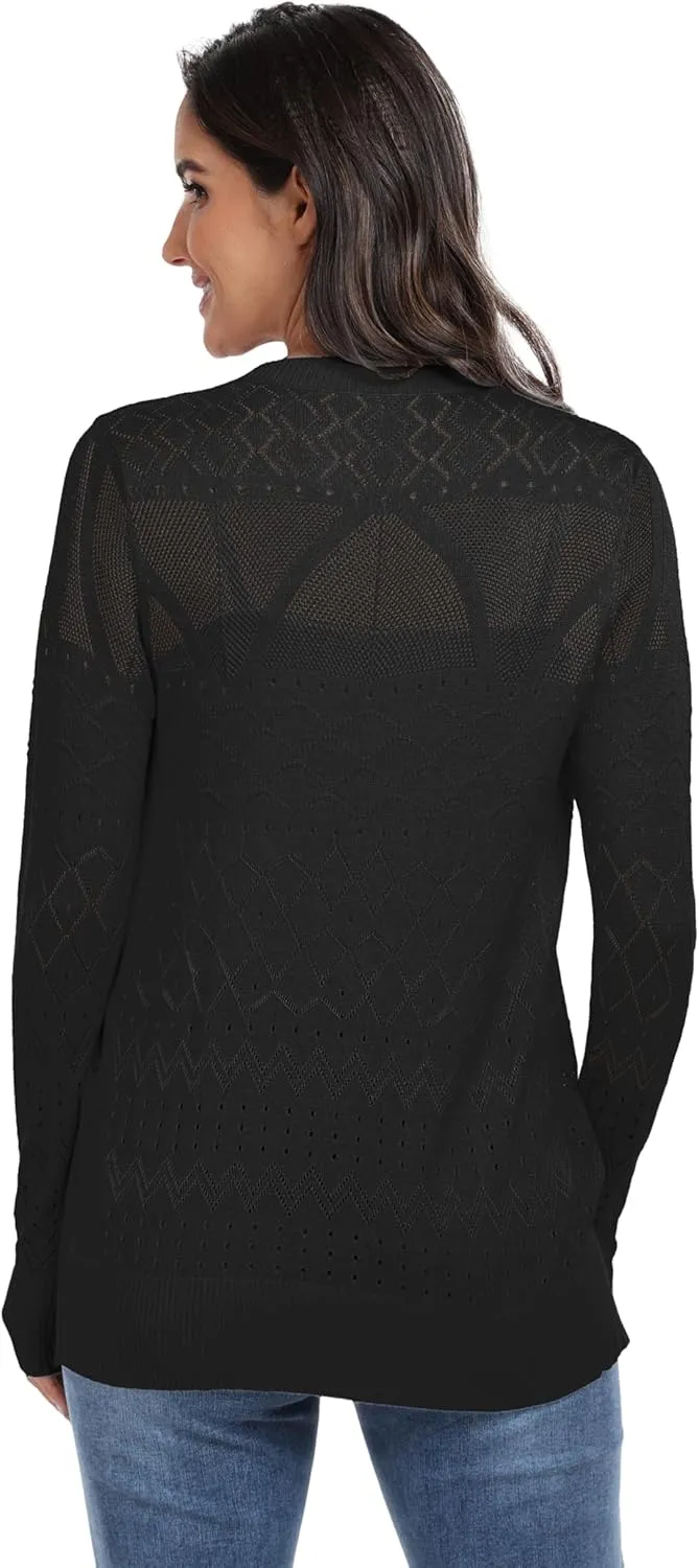 GRECERELLE Womens Summer Crochet Cardigans Long Sleeve Lightweight Casual Knit Sweaters