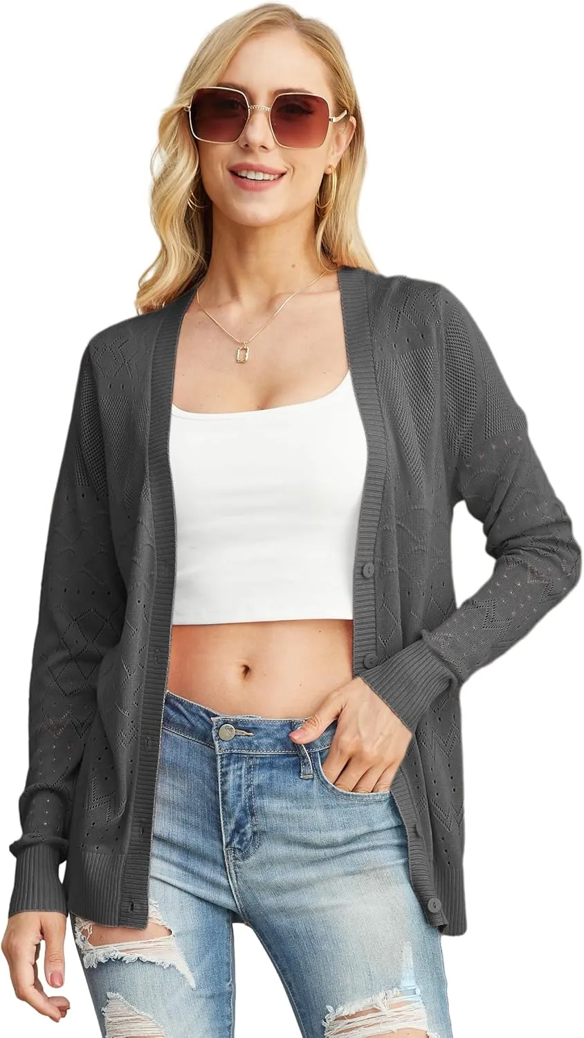GRECERELLE Womens Summer Crochet Cardigans Long Sleeve Lightweight Casual Knit Sweaters