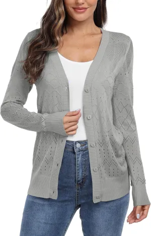 GRECERELLE Womens Summer Crochet Cardigans Long Sleeve Lightweight Casual Knit Sweaters