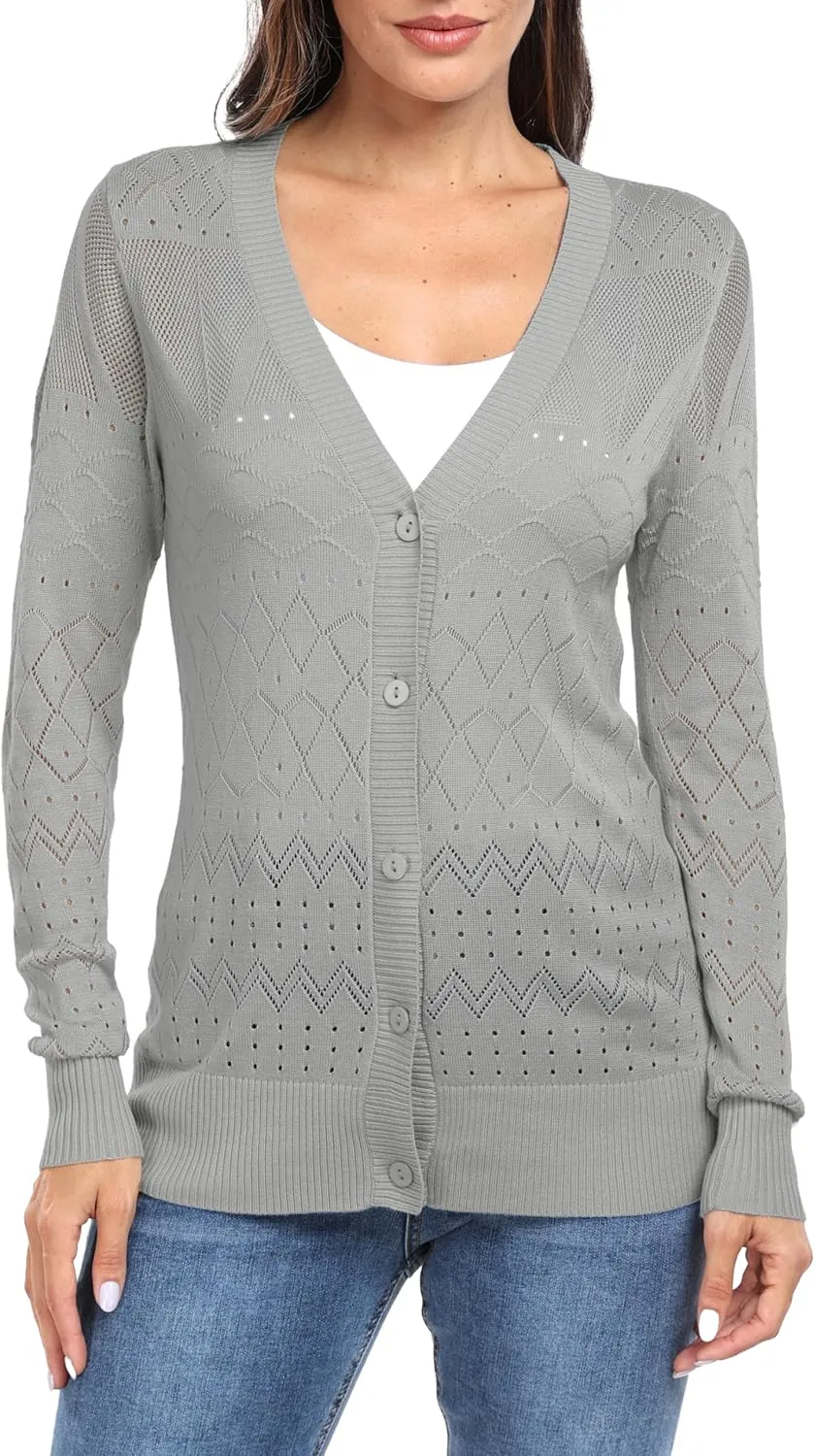 GRECERELLE Womens Summer Crochet Cardigans Long Sleeve Lightweight Casual Knit Sweaters
