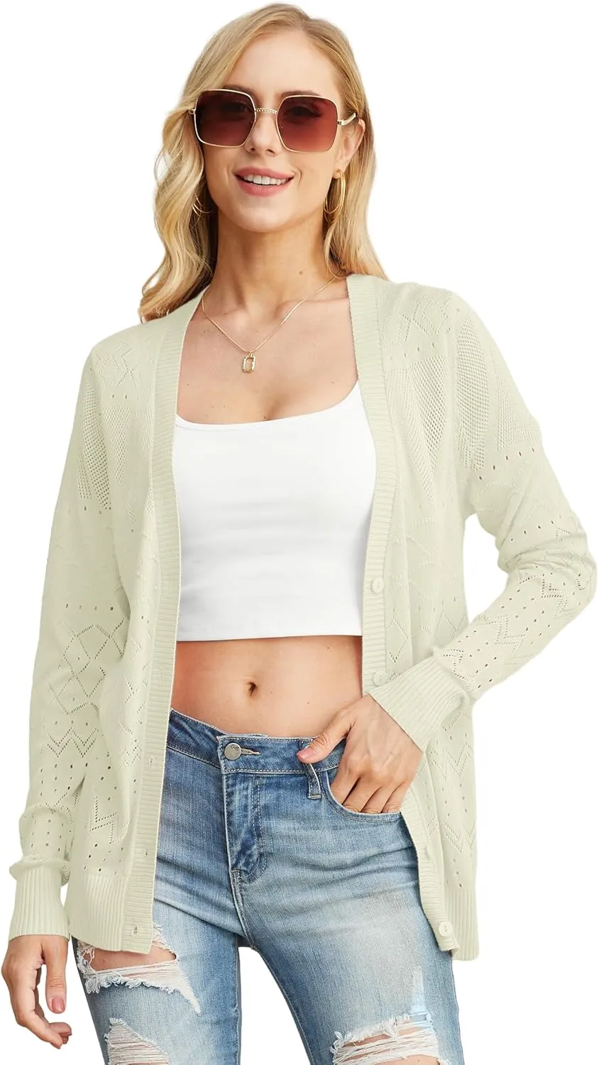 GRECERELLE Womens Summer Crochet Cardigans Long Sleeve Lightweight Casual Knit Sweaters