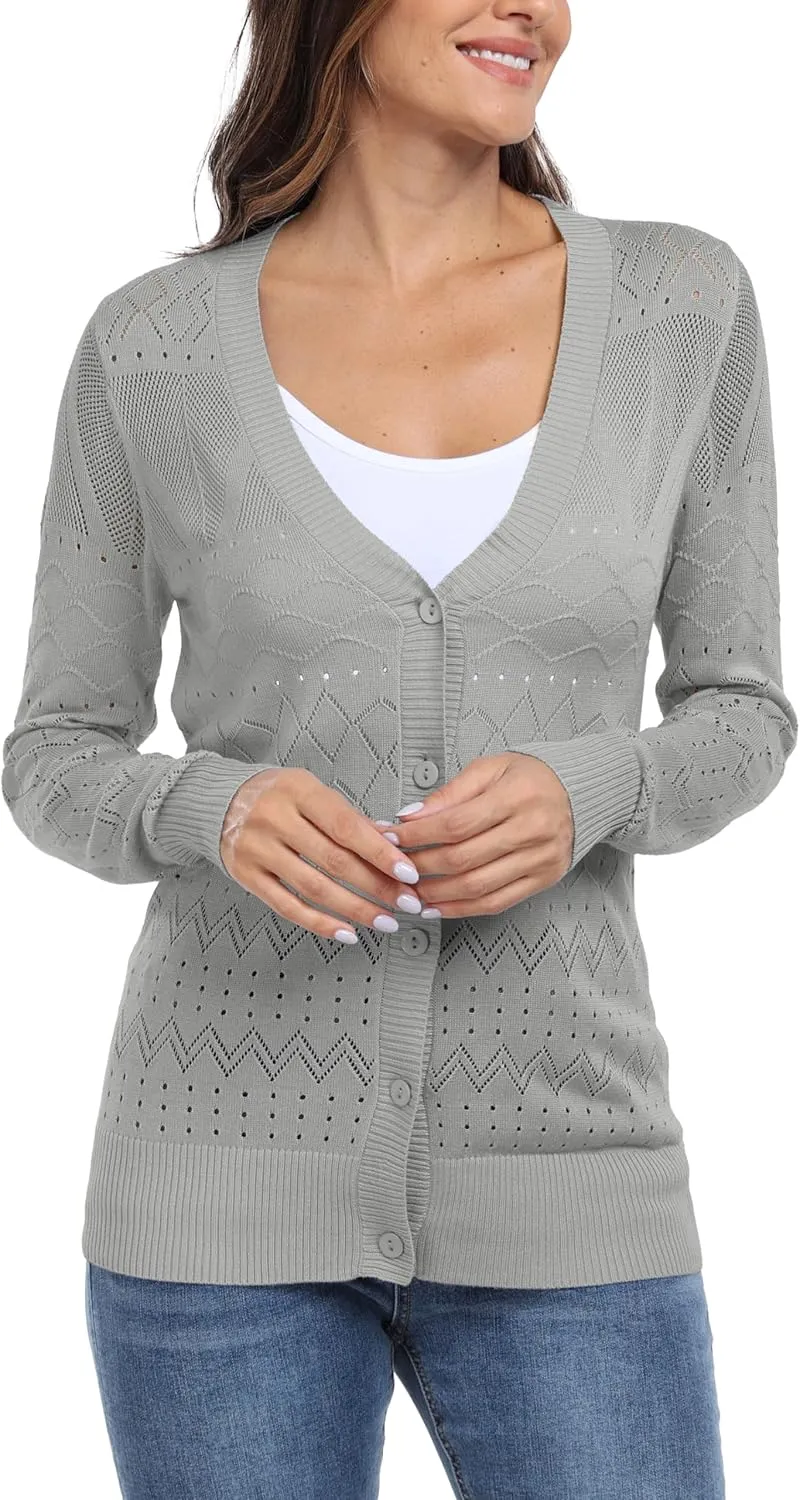GRECERELLE Womens Summer Crochet Cardigans Long Sleeve Lightweight Casual Knit Sweaters