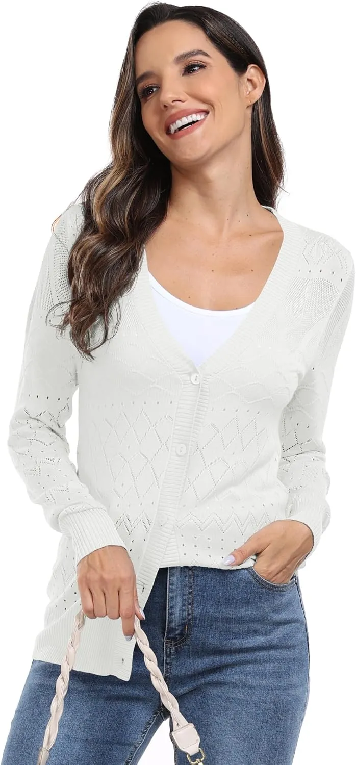 GRECERELLE Womens Summer Crochet Cardigans Long Sleeve Lightweight Casual Knit Sweaters